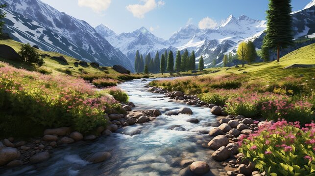 Photos of rivers and mountains with falling flowers Generative AI