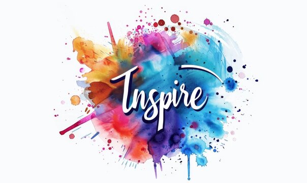 Inspire - motivational message. Modern calligraphy inspirational text on multicolored watercolor paint splash.