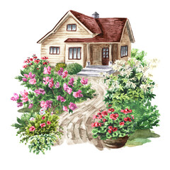 Fototapeta na wymiar Cozy country cottage in the garden . Hand drawn watercolor illustration, isolated on white background