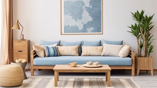 The image shows a blue couch in a living room. There is a coffee table in front of the couch and a plant next to it. The room has white walls and a light wooden floor.