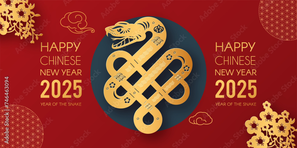 Wall mural happy chinese new year 2025 with snake zodiac sign and flowers. lunar new year card template. gold p