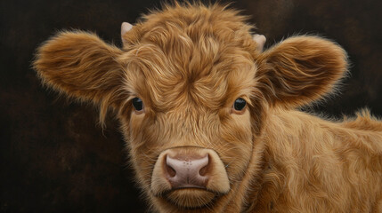 Close-up Highland calf  with dark background