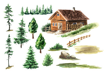Cozy country house in the forest set, woodland. Hand drawn watercolor illustration,  isolated on white background