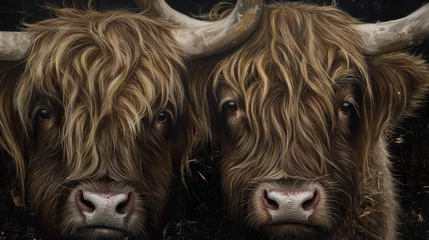 Crédence de cuisine en verre imprimé Highlander écossais  Two Highland cows which are close to each other