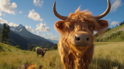 Happy Highland cow on the meadow