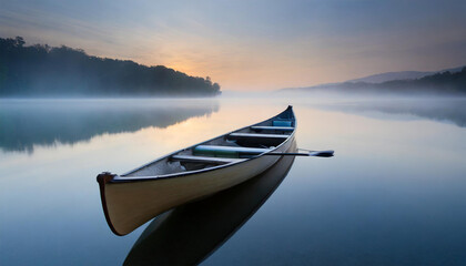 Artistic Photography of a Canoe on Tranquil Lake at Dawn with Soft Morning Light - obrazy, fototapety, plakaty