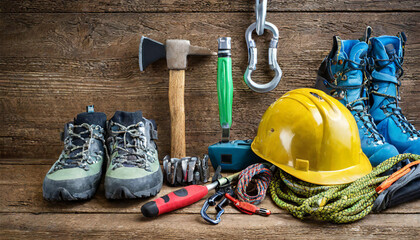 Climbing Gear: Helmet, Hammer, Carabiner, Trekking Shoes, and More Arranged on Wooden Background - obrazy, fototapety, plakaty