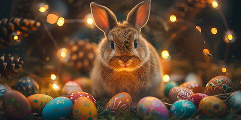 easter bunny with easter eggs, Cheerful easter celebration with a cute bunny holding an assortment of bright eggs
