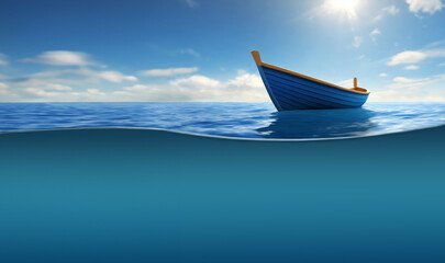 Little blue rowboat floating on sea