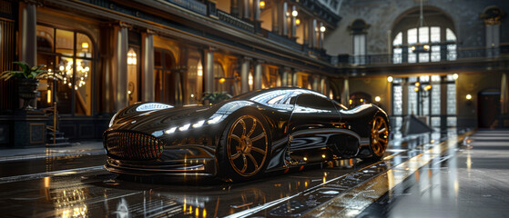 Fototapeta na wymiar Futuristic Concept Car in Luxurious Arcade Hall