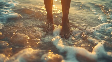 Fototapeta premium Feet of a woman walking on the beach at sunset. Concept of travel and vacation