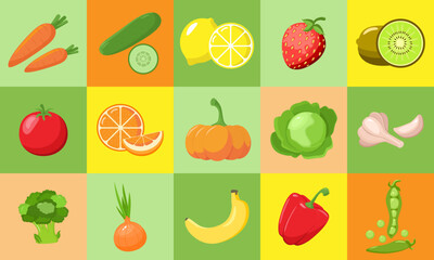 Juicy vegetables and fruits. Bright mosaic poster with seasonal fruits and vegetables. Healthy food isolated vector illustration icons set. Concept of healthy food