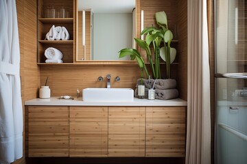 Fototapeta na wymiar Bamboo Wall Panels Enhance Compact Apartment Bathrooms