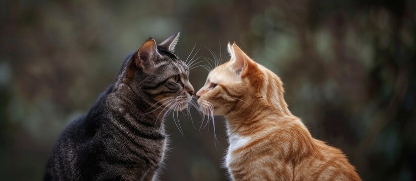 The image shows a pair of cats standing next to each other, gazing intently at each other in a display of connection and companionship. The cats appear calm and comfortable in each others company.