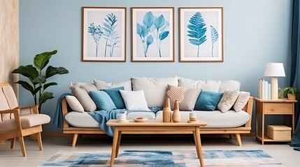 A cozy living room with a blue botanical theme, white sofa with blue pillows, wooden coffee table, houseplants, blue and white rug, creating a relaxing and comfortable atmosphere.