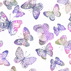 Cute butterflies hand-drawn digital watercolour seamless pattern. Animalistic design raster texture. Colourful, vibrant illustration on white background. Beautiful pastel creatures wallpaper design