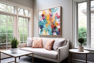 Contemporary Sunroom Decor: Abstract Art Against Neutral Walls for Chic Finish