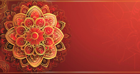 Reddish Golden Mandalas with complex Indian designs on a banner with space for copy