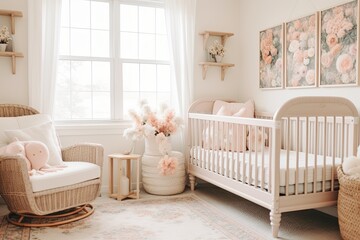 Cottagecore Nursery Room: Pastel Flora & Rustic Wooden Cribs Delight