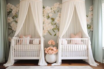 Charming Cottagecore Nursery: White Canopy Cribs and Floral Curtains Paradise
