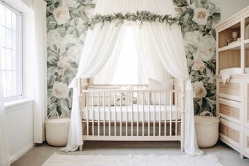 White Canopy Cribs & Floral Curtains: Cottagecore Nursery Room Inspirations