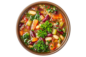 Italian minestrone soup with a colorful mix of vegetables, beans, pasta, and herbs in a tomato-based broth. - obrazy, fototapety, plakaty