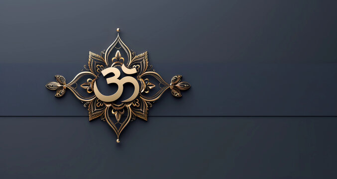 Minimalistic Indian designs with golden Omkara on a plain banner with space for copy