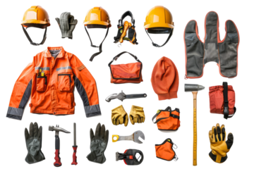 construction tools with safety gear such as helmets and gloves, emphasizing the importance of safety on the job.