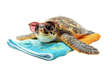 A turtle lying on a beach towel with sunglasses on, soaking up the sun's rays.