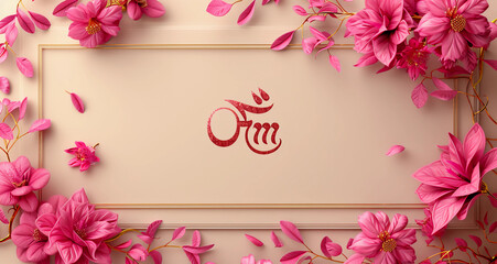 Minimalistic Indian designs with Stylish Omkara on a plain banner with space for copy, floral border