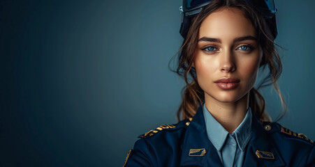 Young and beautiful commercial airline pilot on a banner with space for copy  - obrazy, fototapety, plakaty