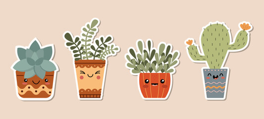 Set with different cute cacti and succulents stickers with funny faces in pots. Kawaii Funny succulent with cute face in pot. Cartoon floral characters. Vector - obrazy, fototapety, plakaty