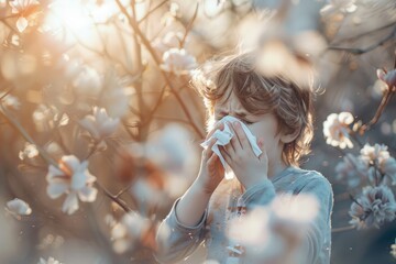 Child sneezing into handkerchief, spring, flowering plants, concept allergy - obrazy, fototapety, plakaty