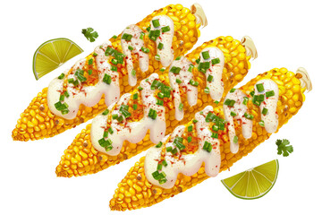 Mexican street corn e with grilled corn on the cob, coated in mayonnaise, chili powder, cotija cheese, and lime juice.