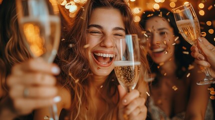 Champagne Toast: The lucky winner of a lottery jackpot celebrates with friends and family, popping open bottles of champagne - obrazy, fototapety, plakaty