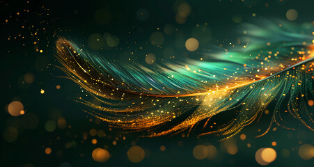 Wallpaper image of a greenish golden feather on a dark background - obrazy, fototapety, plakaty