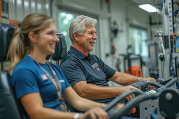 In a fitness center or community gym, seniors work out on strength training machines or with resistance bands, supervised by a trainer who helps them safely build muscle and improve bone density - obrazy, fototapety, plakaty