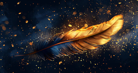 Portrait of a shinny golden feather on a dark blue background