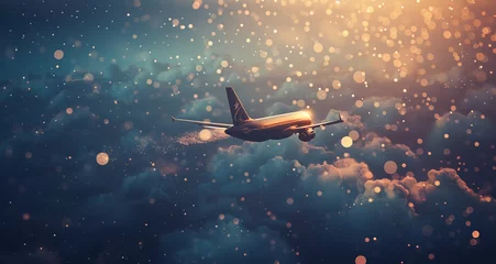 Foto op Plexiglas Wallpaper image of a bluish golden airplane on a light blue background © Varma