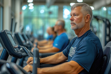 In a fitness center or community gym, seniors work out on strength training machines or with resistance bands, supervised by a trainer who helps them safely build muscle and improve bone density - obrazy, fototapety, plakaty