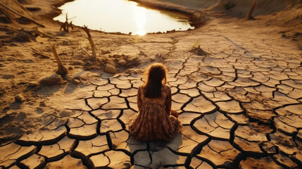 Girl sits on cracked ground near a dry river. Drought concept. Water crisis and arid environment. Generative AI - obrazy, fototapety, plakaty
