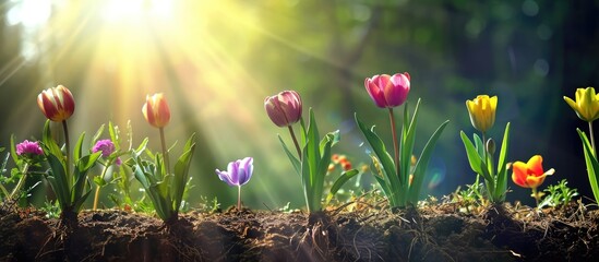 Colorful flowers in bloom with growing roots, surrounded by beautiful scenery and green nature under a shining sun.