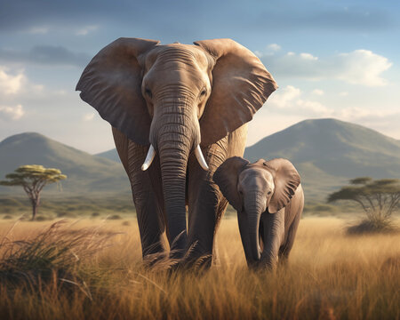 Fototapeta Elephants and baby elephants have distinctive characteristics including long trunks, large ears,  large legs, and thick but delicate skin. Elephants are the largest land animals that exist today.