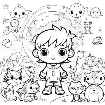 Pictures of monsters and adventure kids for coloring books. Vector illustration