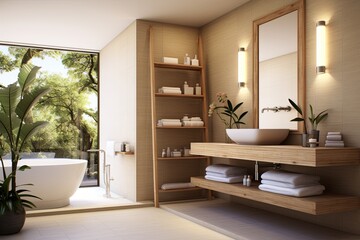 Fototapeta na wymiar Elegant Bamboo Bathroom Designs: White Ceramic Fixtures Heaven