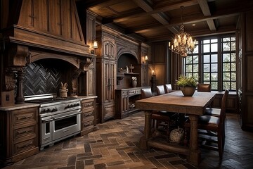 English Tudor Kitchen Design: Traditional Fireplace & Herringbone Flooring Elegance - obrazy, fototapety, plakaty