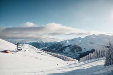 Fototapeta na wymiar Winter mountains panorama with ski slopes and ski