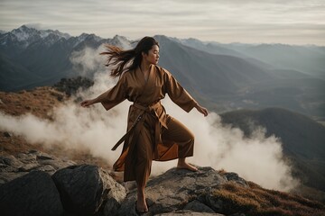woman practicing martial arts on the top of a mountain