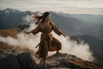 Gordijnen woman practicing martial arts on the top of a mountain © juanpablo