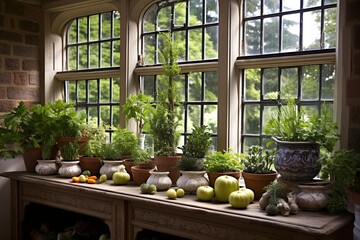 Traditional Herb Window Planters in a Stunning English Tudor Kitchen Design - obrazy, fototapety, plakaty